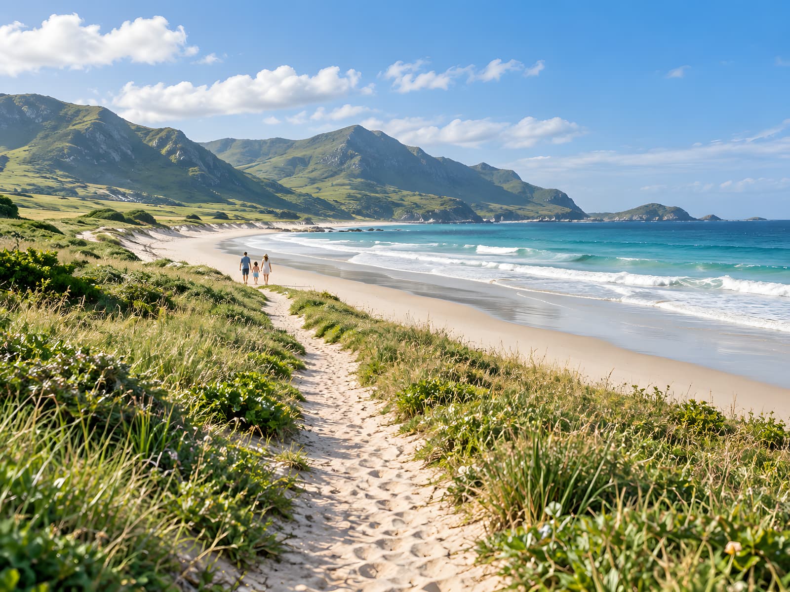 A sand path through dune grass leading down to a family walking a long open beach, with green headlands beyond.